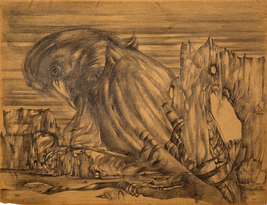 Leon Kelly - Bird of the Night - 1944 pencil on brown paper